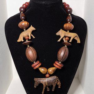 Vintage Necklace Chunky Hand Carved Wood Safari African Animals Hyena Zebra Lion
